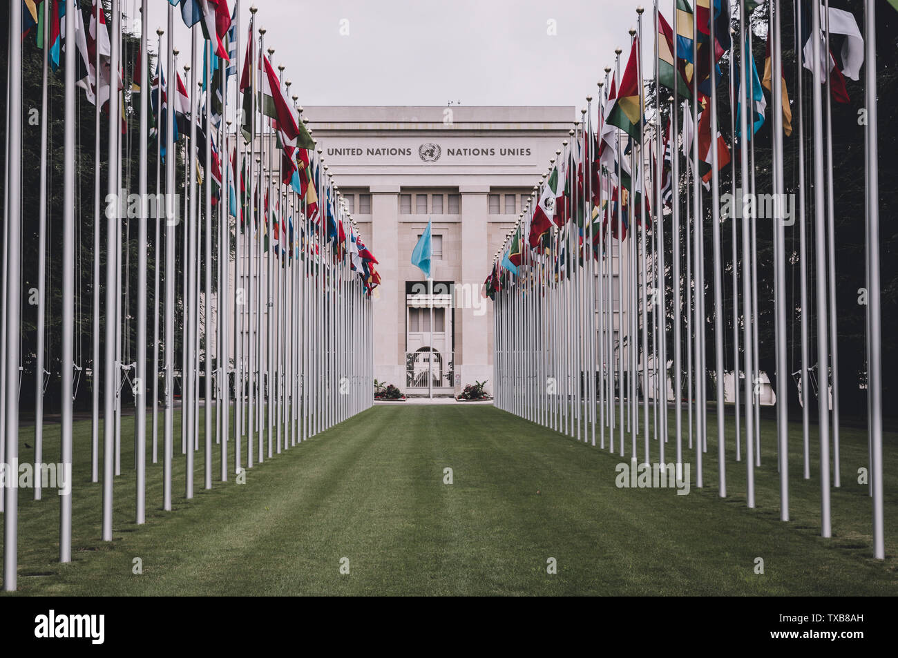 Geneva, Switzerland - July 1, 2017: National flags at the entrance in UN office at Geneva, Switzerland. The United Nations was established in Geneva i Stock Photo