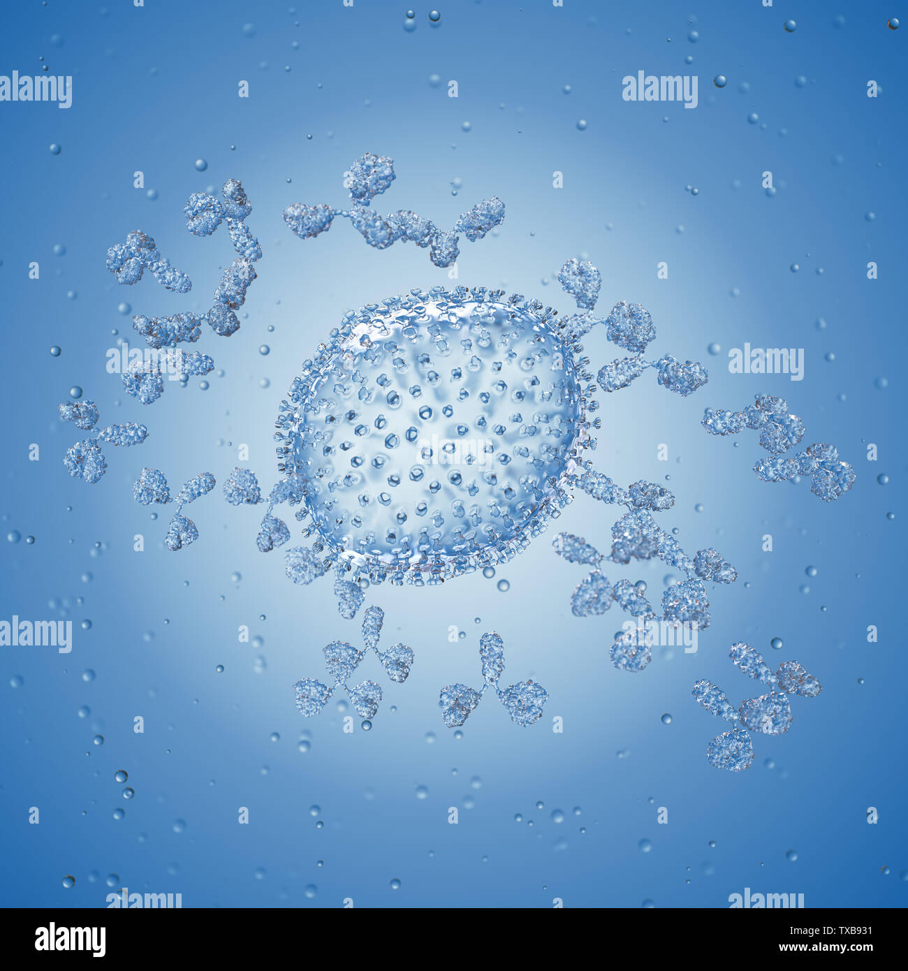 3d rendered medically accurate illustration of antibodies attacking an influenza virus Stock Photo