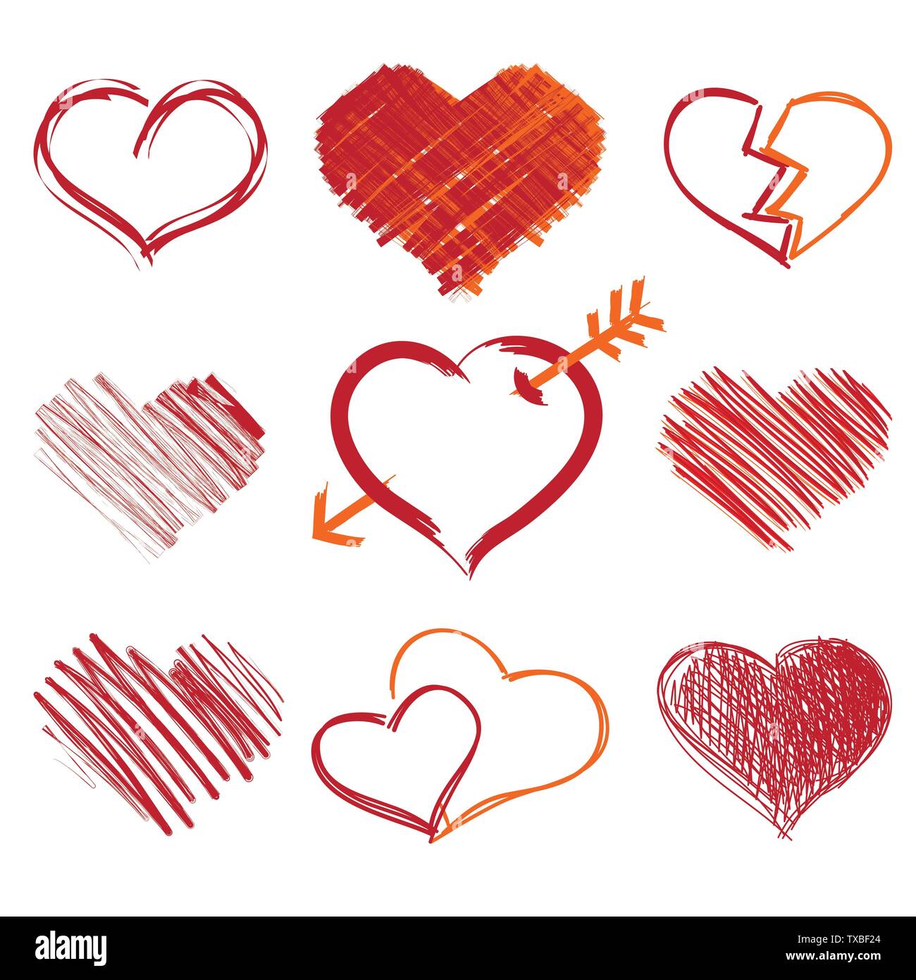 Set of symbols heart, isolated on white, vector.  Hand drawn. Stock Vector