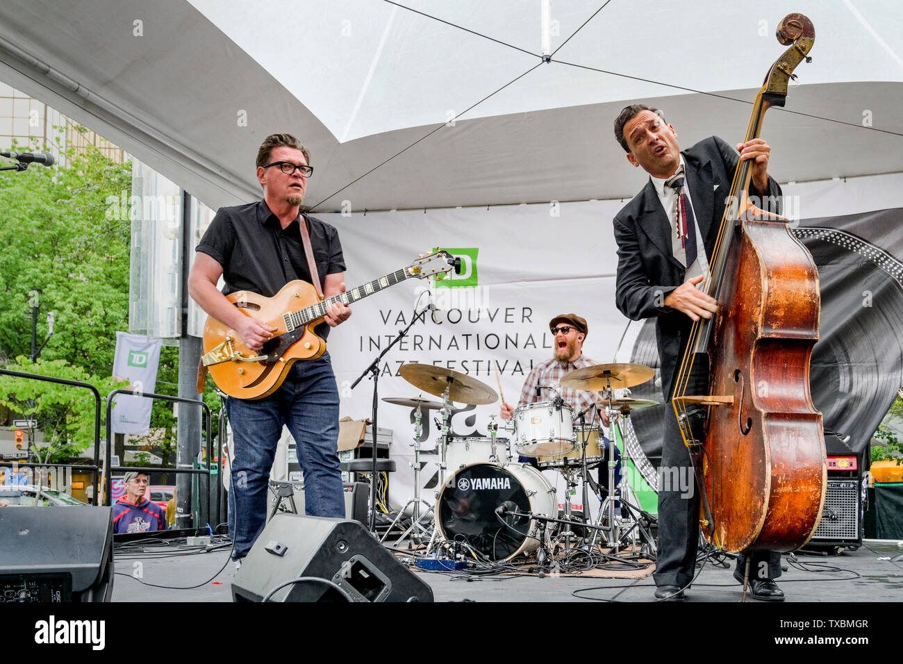 Rockabilly band, Cousin Harley, Vancouver International Jazz Festival, Vancouver, British Columbia, Canada Stock Photo