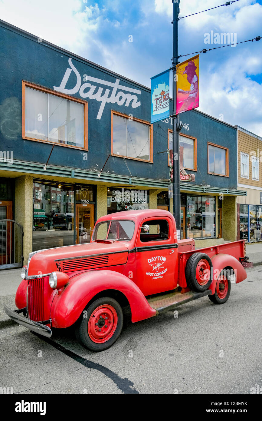 Vintage Dayton Boot Company, red pick up truck, Hastings Street, Vancouver, British Columbia, Canada Stock Photo