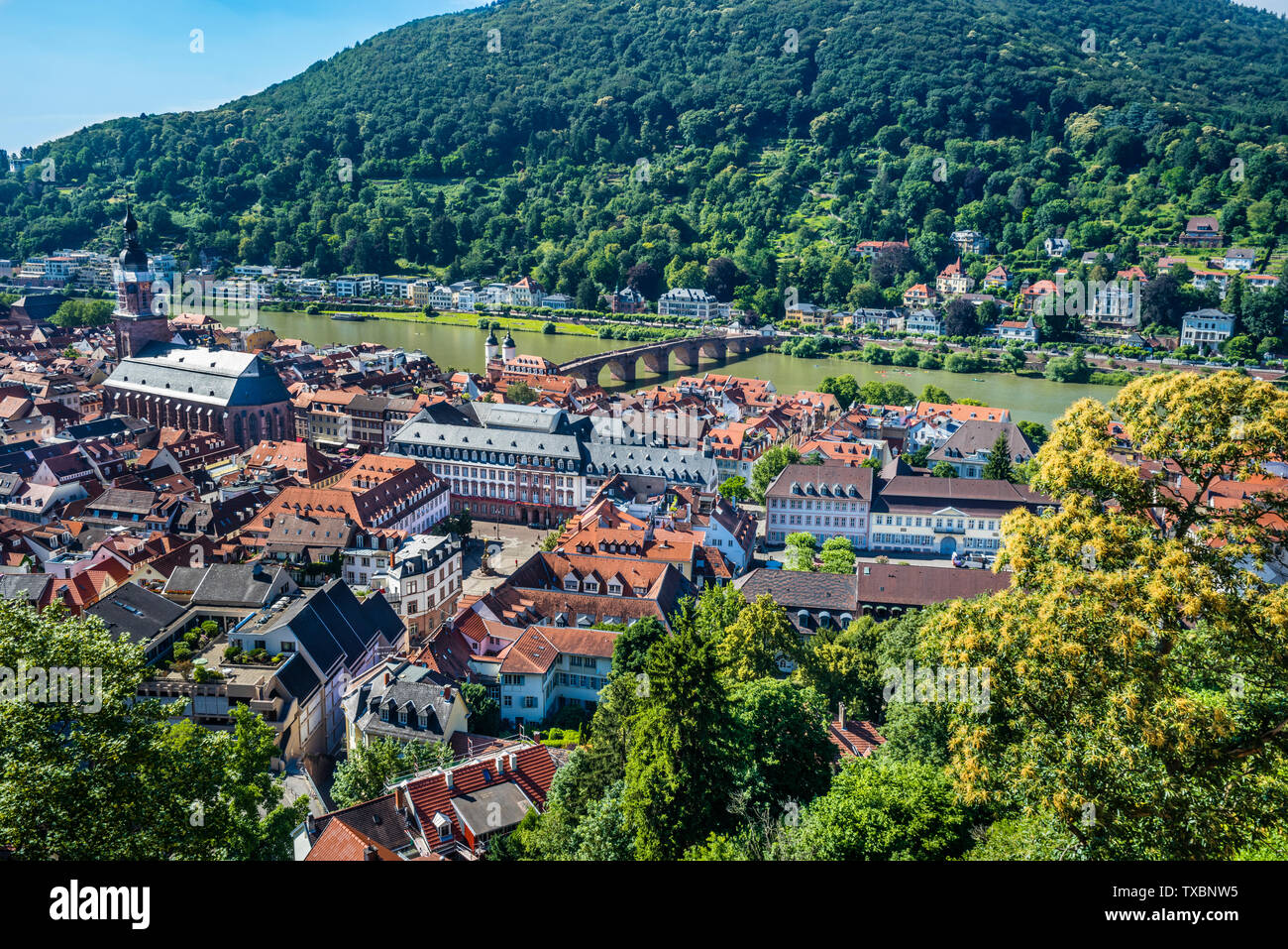 panoramic view of the the city of Heidelberg with Neckar river and the Old Bridge, Heidelberg, Baden-Württemberg; Germany Stock Photo