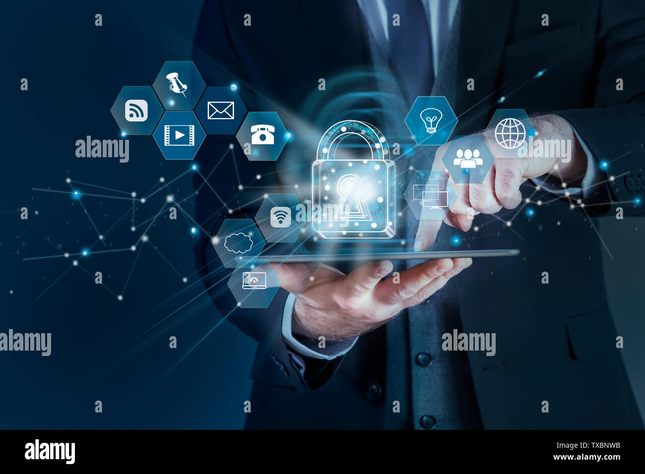 Businessman using tablet computer in office and sells Cryptocurrency Stock Photo
