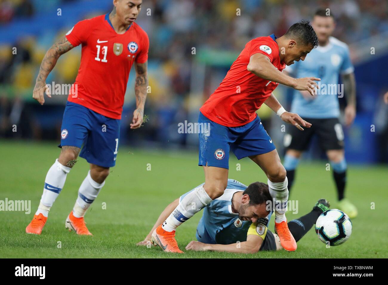 Rio De Janeiro Brazil 24th June 2019 Uruguay S Diego Godin Down Vies For The Ball With