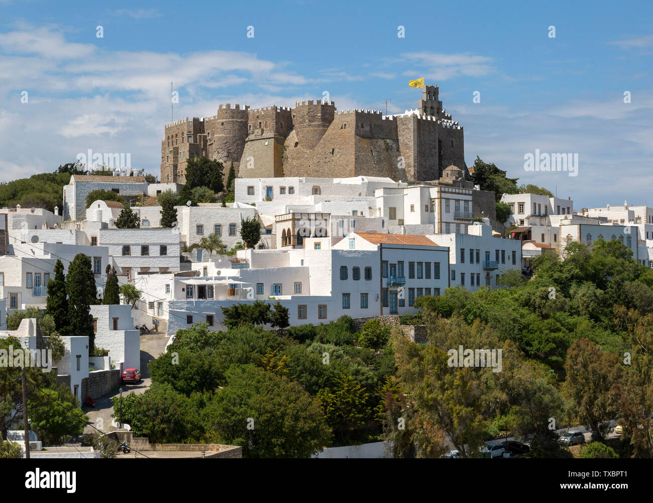 The monastery of St. John the Theologian. On a hilltop on the Greek island Patmos. Stock Photo