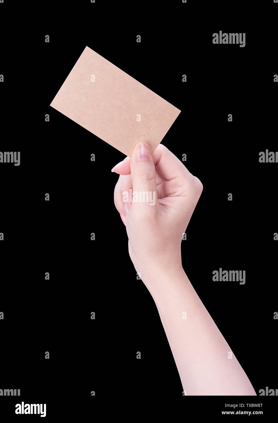 Young asia clean girl hand holding a blank kraft brown paper card template  isolated on black background, clipping path, close up, mock up, cut out  Stock Photo - Alamy