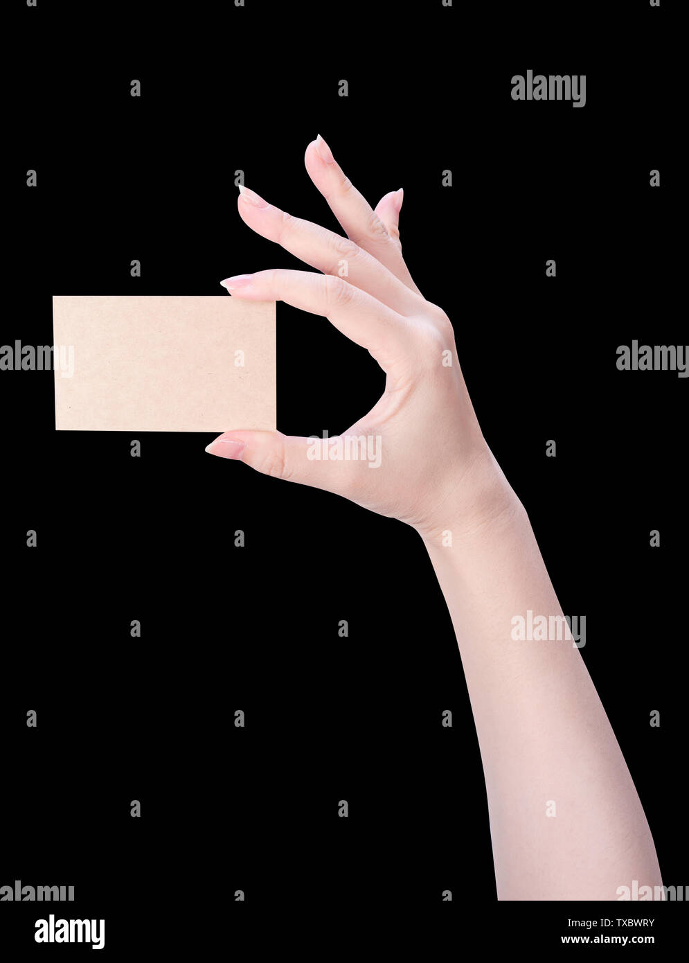 Young asia clean girl hand holding a blank kraft brown paper card template  isolated on black background, clipping path, close up, mock up, cut out  Stock Photo - Alamy
