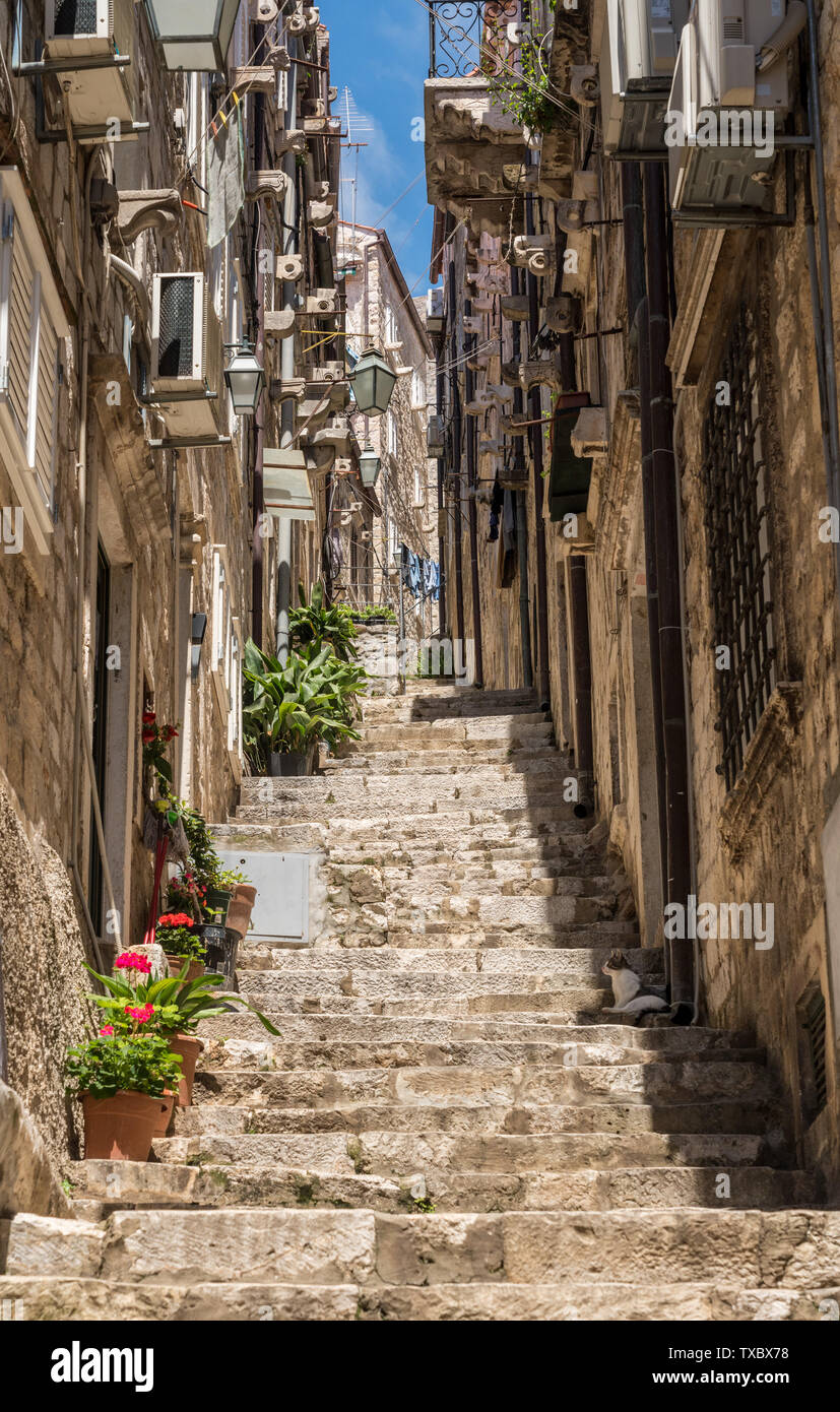Steep steps and narrow street in Dubrovnik old town Stock Photo