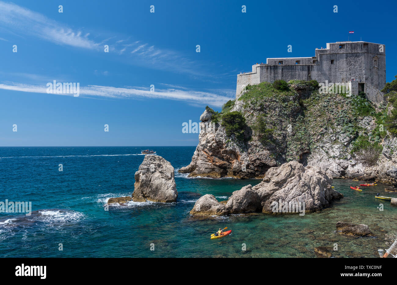 Lawrence fortress in the old town of Dubrovnik in Croatia with kayakers Stock Photo