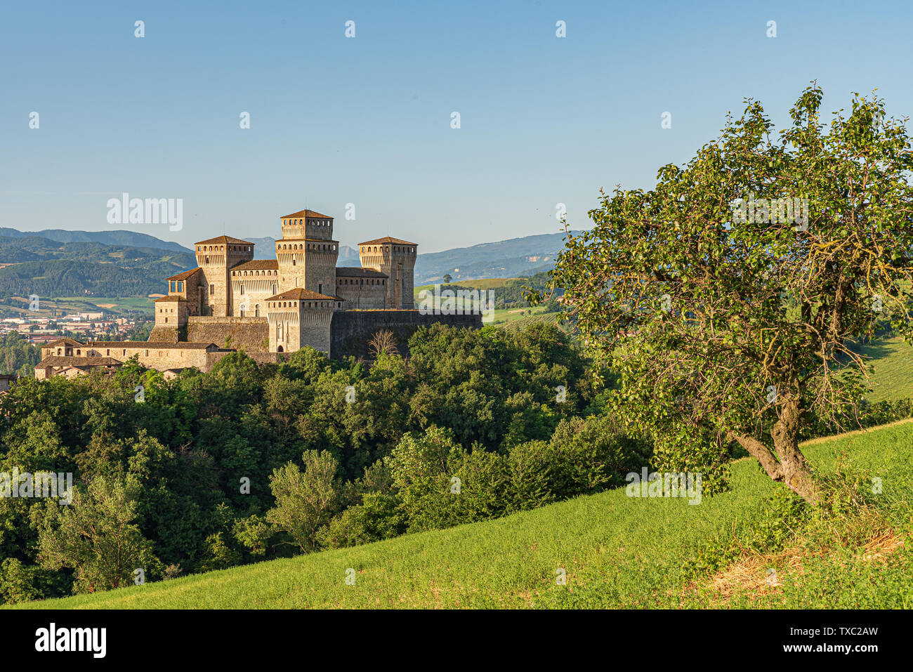 Italy Rural Fort Historic Italian castle, ancient fortification seen from the hill next ...