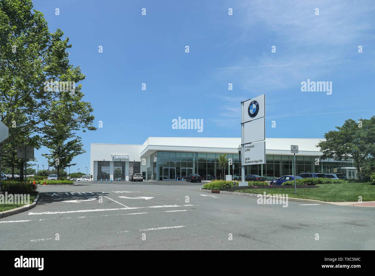 Princeton New Jersey - June 23, 2019:The brand 'BMW' at a new car dealer building in New Jersey, BMW is a German automobile Stock Photo
