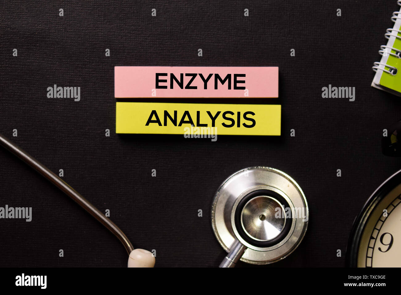 Enzyme Analysis on top view black table with blood sample and