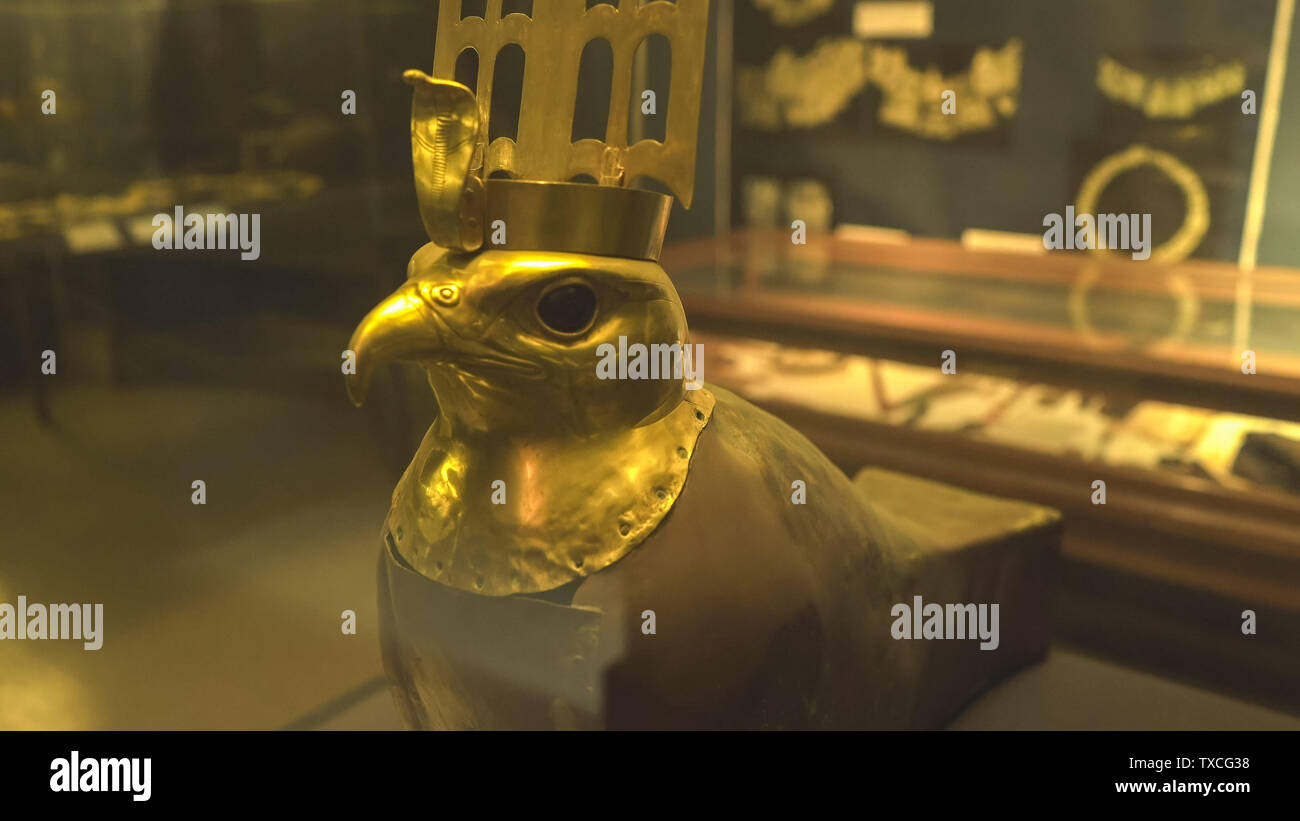 CAIRO, EGYPT- SEPTEMBER, 26, 2016: a gold horus mask from the temple of