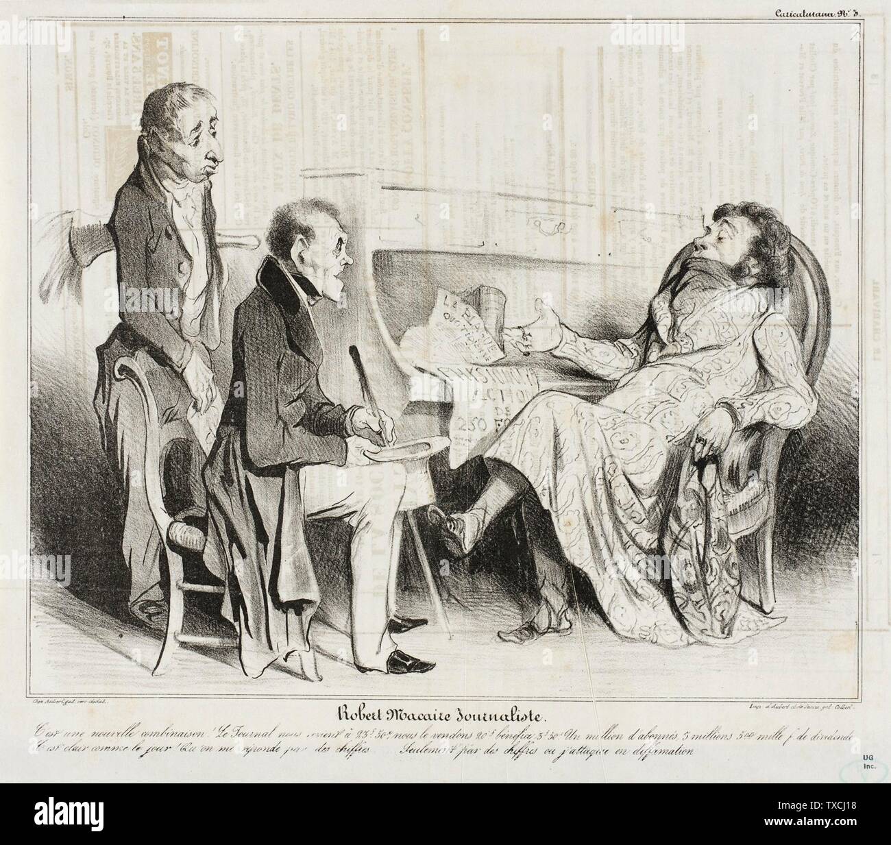 Robert Macaire Journaliste;  France, 1836 Series: Robert Macaire Periodical: Le Charivari, 10 September 1836 Prints; lithographs Lithograph Sheet: 8 1/2 x 10 7/16 in. (21.59 x 26.51 cm) Gift of Mrs. Florence Victor from The David and Florence Victor Collection (M.91.82.92) Prints and Drawings; 1836date QS:P571,+1836-00-00T00:00:00Z/9; Stock Photo
