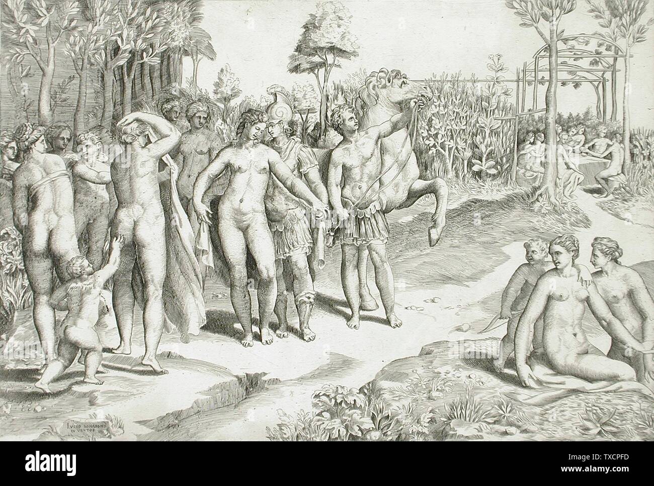 Ruggero in the Garden of Alcina;  Italy, circa 1545 Prints; engravings Engraving Sheet: 13 1/2 x 19 1/8 in. (34.29 x 48.58 cm); image: 9 1/4 x 13 1/2 in. (23.5 x 34.29 cm) Mary Stansbury Ruiz Bequest (M.88.91.232) Prints and Drawings; circa 1545 date QS:P571,+1545-00-00T00:00:00Z/9,P1480,Q5727902; Stock Photo