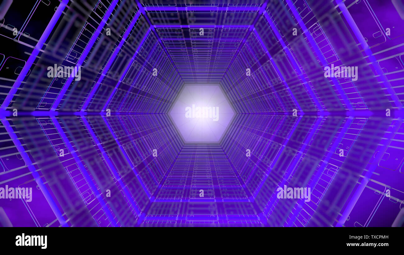 Futuristic background front view of a tunnel with hexagonal shape structure of purple and blue with white light in the background. 3D Illustration Stock Photo