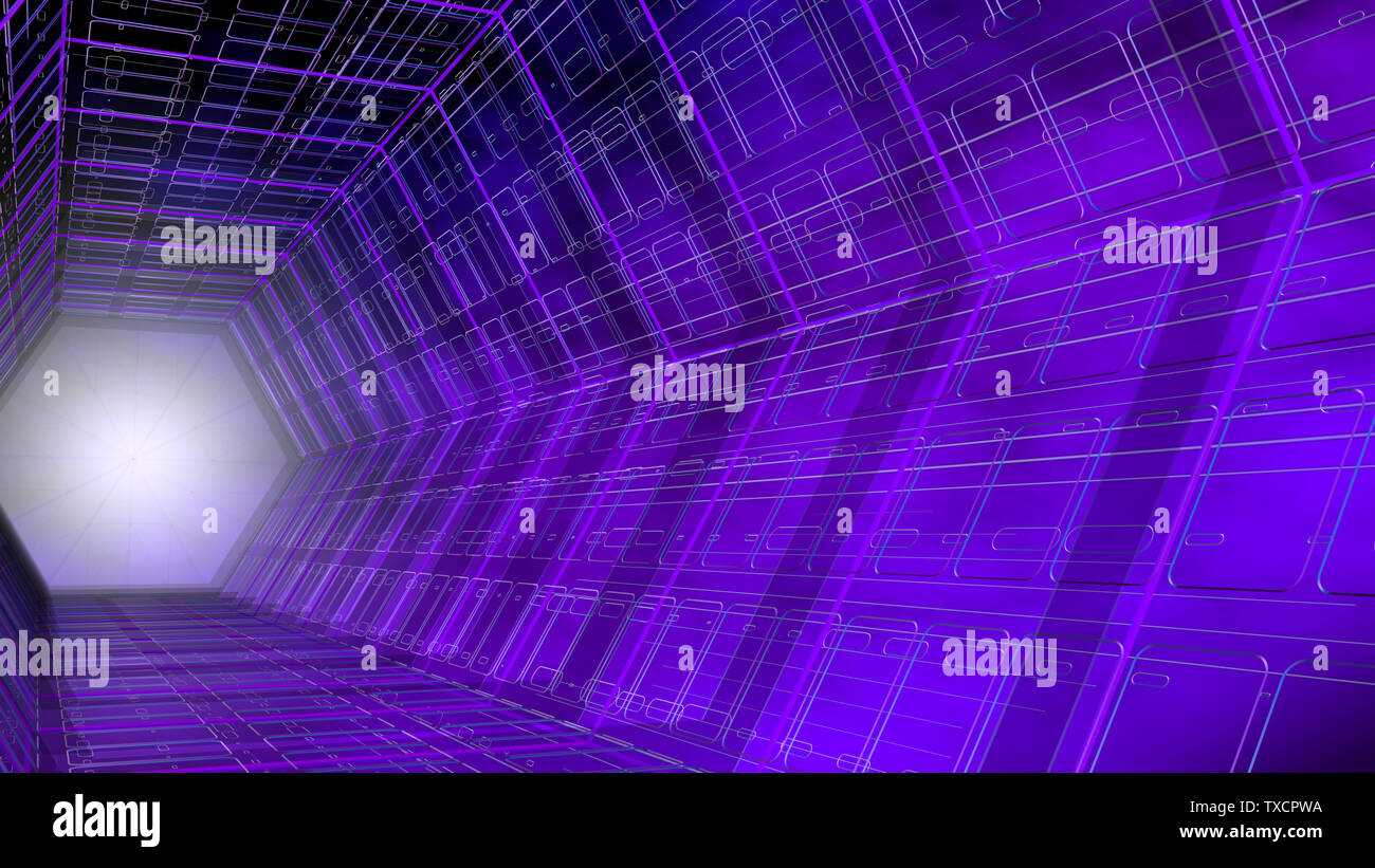 Futuristic background side view of a tunnel with hexagonal shape structure of purple and blue with white light in the background. 3D Illustration Stock Photo