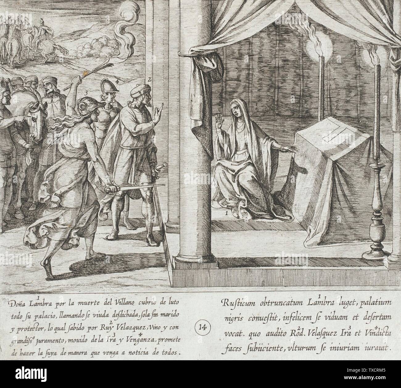 Ruy Velazquez Promises DoÃ±a Lambra that He Will Avenge the Death of the Villager;  Italy, 1612 Series: The History of the Seven Sons of Lara, pl. 14 Prints; etchings Etching Los Angeles County Fund (65.37.245) Prints and Drawings; 1612date QS:P571,+1612-00-00T00:00:00Z/9; Stock Photo