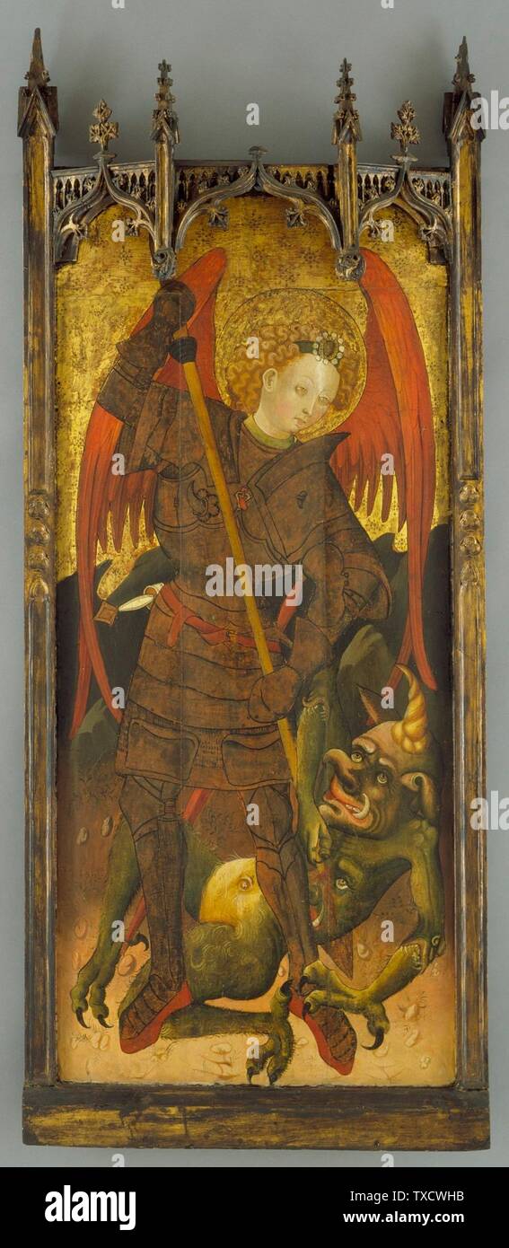 Saint Michael Fighting the Dragon;  Spain, circa 1400 Paintings Tempera on panel Gift of Dr. Armand Hammer (49.32.1) European Painting Currently on public view: Ahmanson Building, floor 3; circa 1400 date QS:P571,+1400-00-00T00:00:00Z/9,P1480,Q5727902; Stock Photo