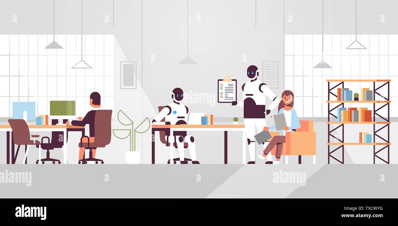 people vs robots working in creative co-working open space coworkers businesspersons sitting at workplace artificial intelligence concept modern Stock Vector