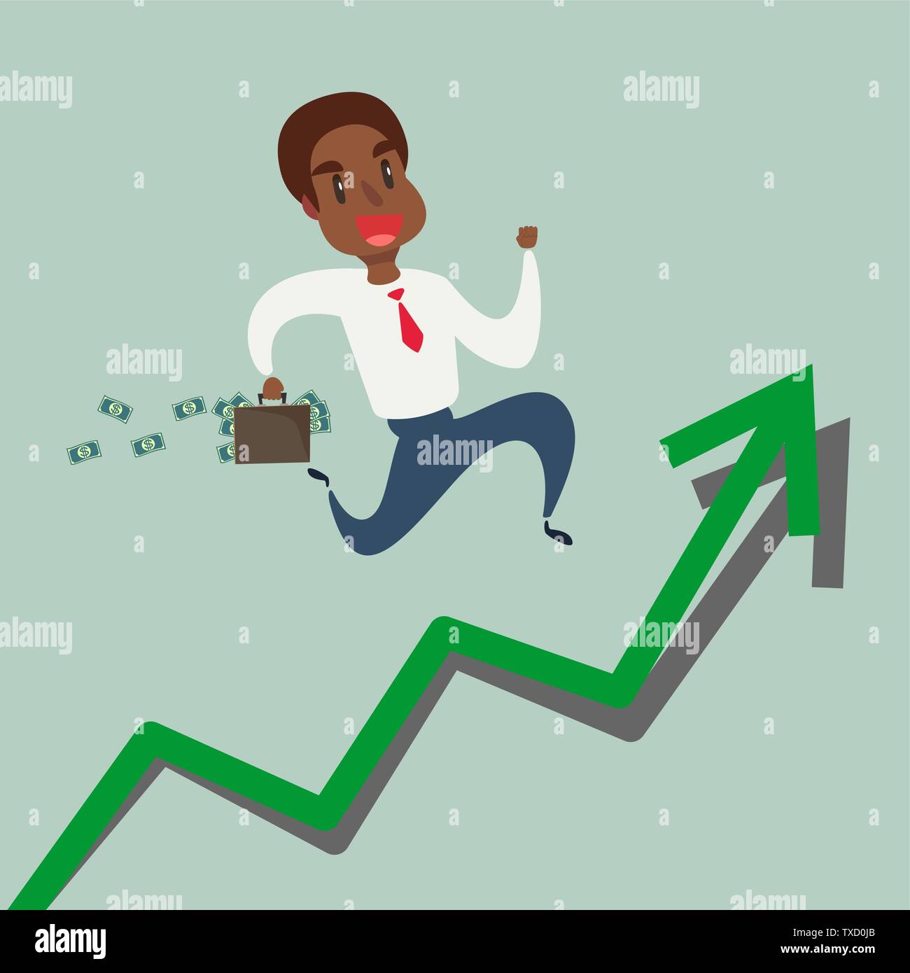black african american businessman running up growth arrow graph. Stock Vector
