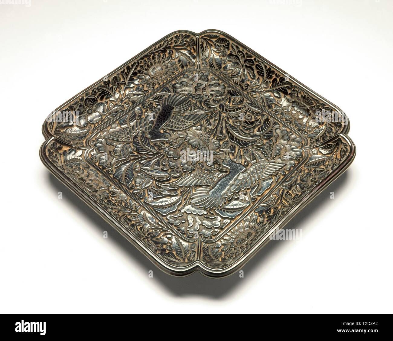 Square Tray (Fang Pan) with Pair of Birds in Peonies (image 2 of 2);  China, Chinese, early Ming dynasty, about 1368-1450 Furnishings; Serviceware Carved black lacquer on wood core Gift of Mr. and Mrs Richard W. Chan (M.87.204.2) Chinese Art; between circa 1368 and circa 1450 date QS:P571,+1500-00-00T00:00:00Z/6,P1319,+1368-00-00T00:00:00Z/9,P1326,+1450-00-00T00:00:00Z/9,P1480,Q5727902; Stock Photo