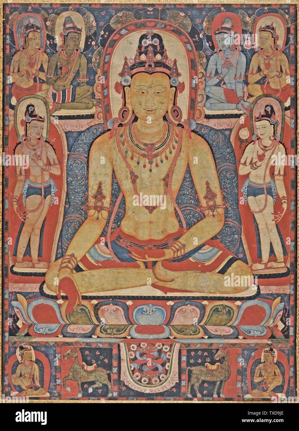 The Jina Buddha Ratnasambhava;  Central Tibet, a Kadampa Monastery, circa 1150-1225 Paintings Mineral pigments on cotton cloth From the Nasli and Alice Heeramaneck Collection, Museum Associates Purchase (M.78.9.2) South and Southeast Asian Art Currently on public view: Ahmanson Building, floor 4; between circa 1150 and circa 1225 date QS:P571,+1500-00-00T00:00:00Z/6,P1319,+1150-00-00T00:00:00Z/9,P1326,+1225-00-00T00:00:00Z/9,P1480,Q5727902; Stock Photo