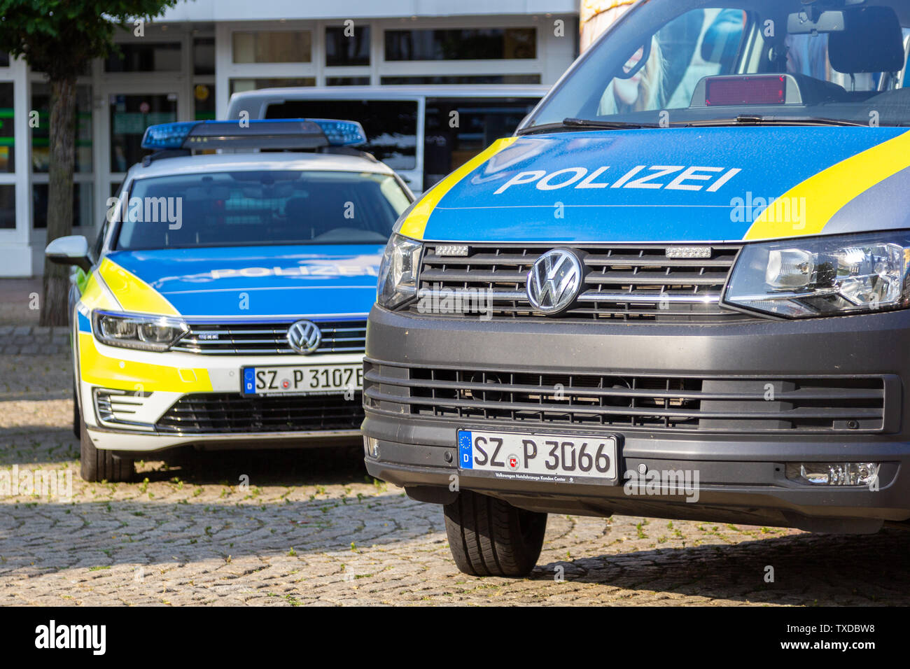 PEINE / GERMANY - JUNE 22, 2019: German police cars stands on a public event, day of the uniform in Peine. Polizei is the german word for police. Stock Photo