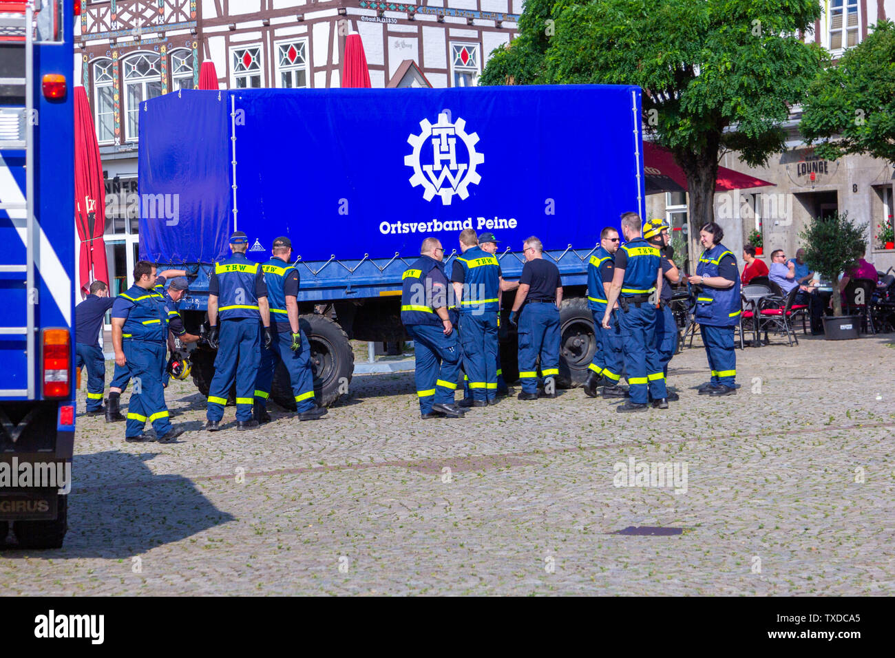 PEINE / GERMANY - JUNE 22, 2019: German technical emergency service trucks stands at public event, Day of the uniform. Technisches Hilfswerk, THW mean Stock Photo