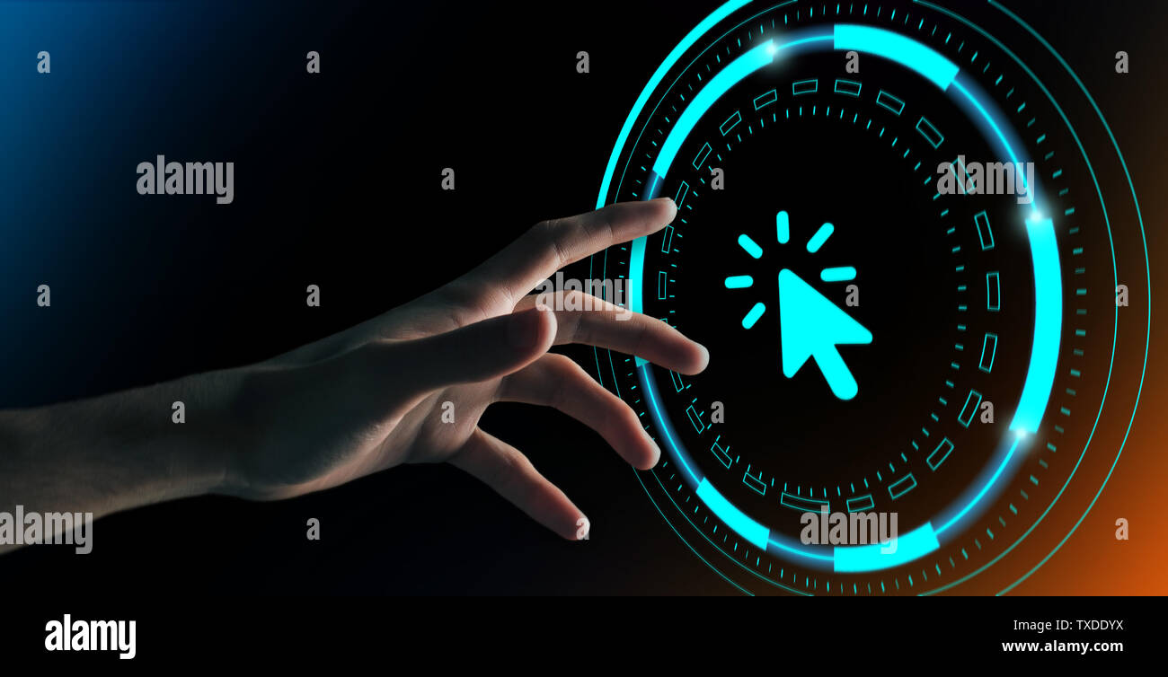 Technology Concept. Hand Pressing Button With Arrow Icon, Panorama ...