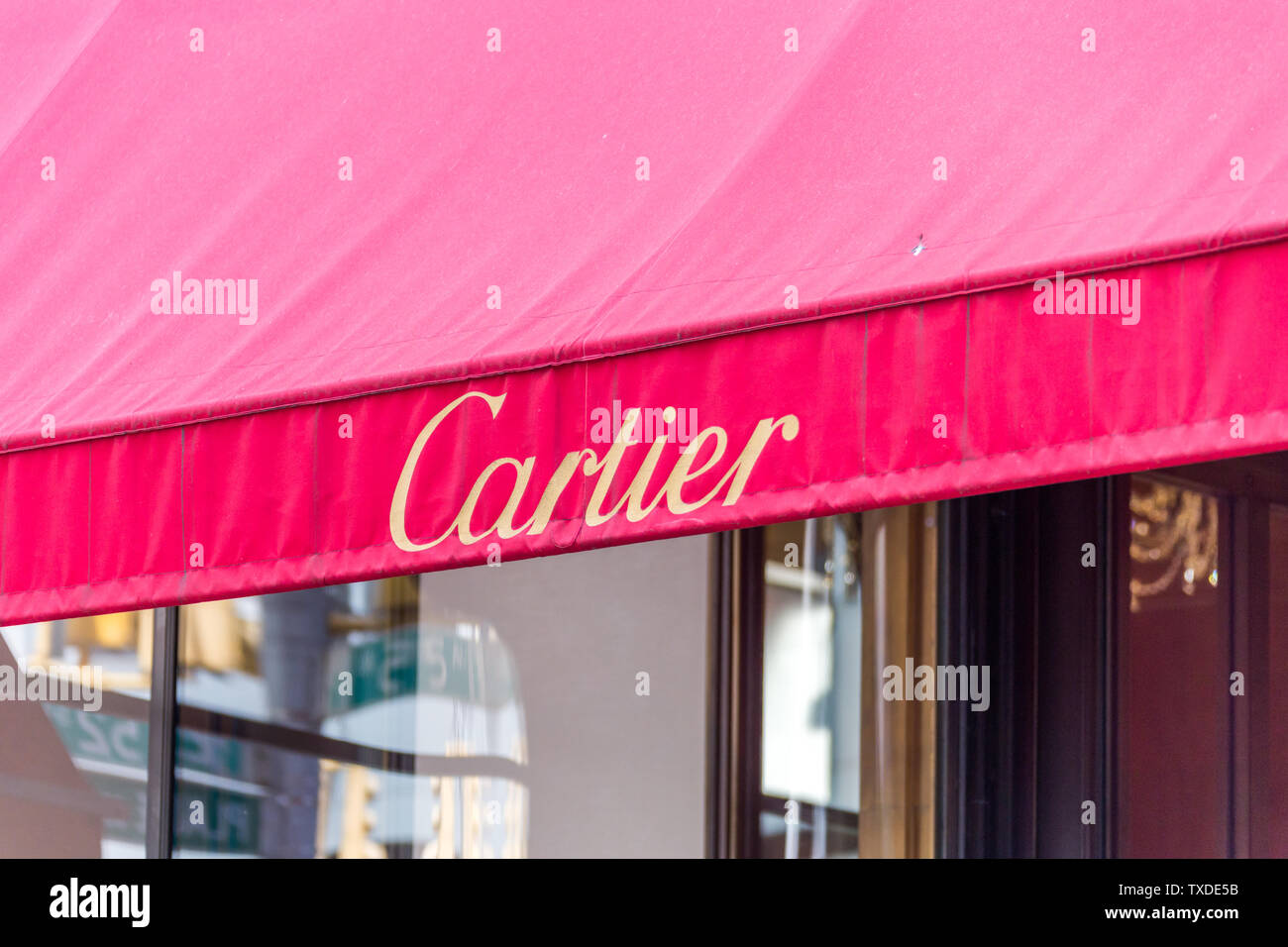 NEW YORK, USA - 15 MAY, 2019: Cartier jewelry store in New York City. Societe Cartier designs and sells jewellery and watches. Founded in Paris Stock Photo