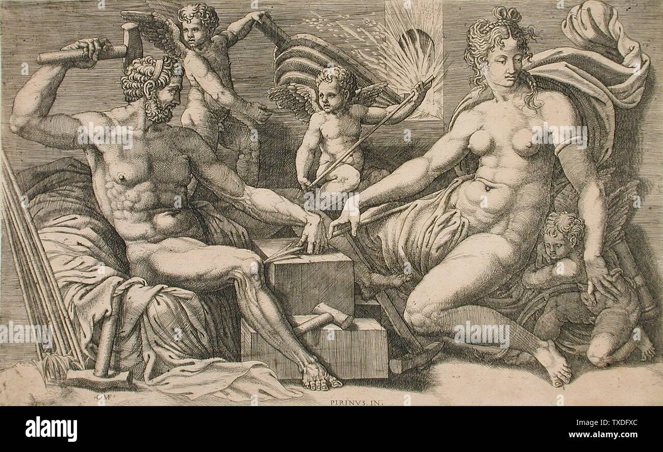 Venus and Vulcan at the Forge;  Italy, mid-1550s Prints; engravings Engraving Mary Stansbury Ruiz Bequest (M.88.91.189) Prints and Drawings; Mid-1550s; Stock Photo