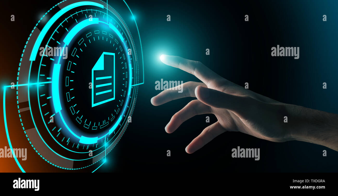 Hand Pressing Button File Search Folder On Virtual Interface, Panorama Stock Photo
