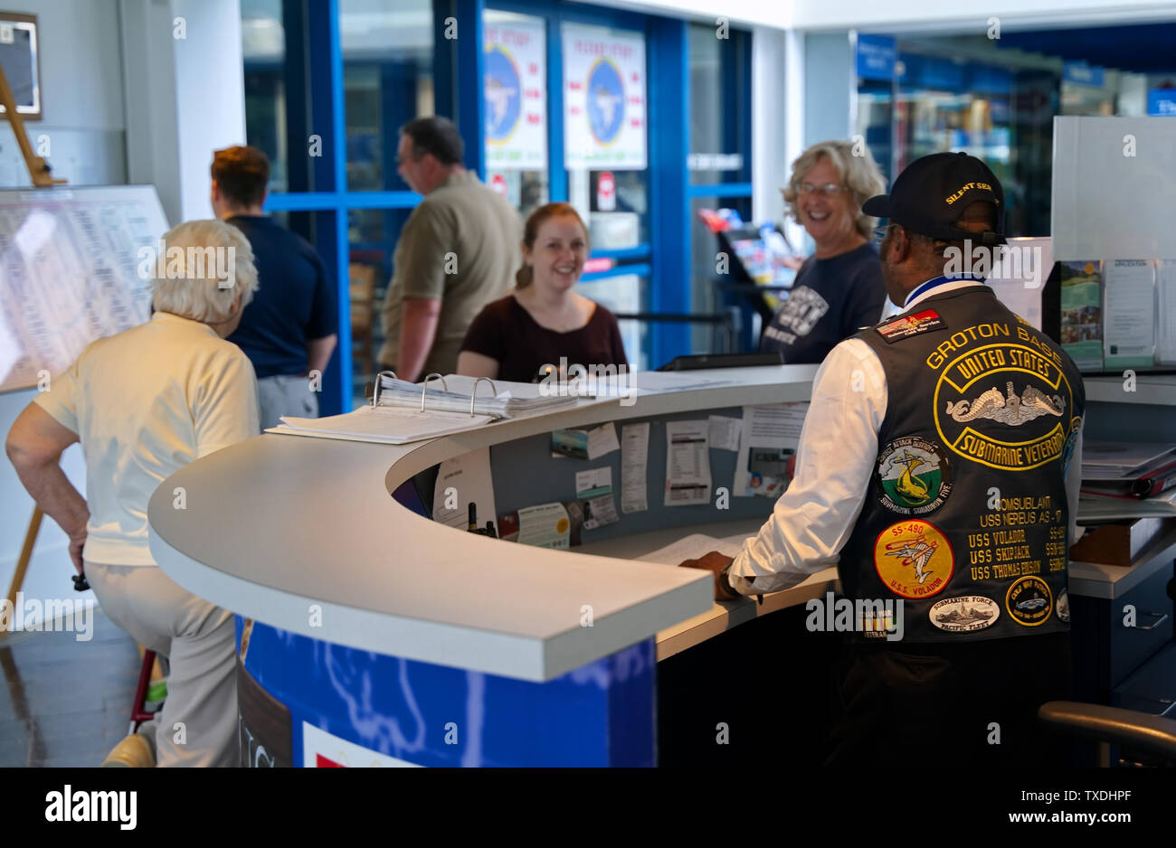 Submarine Force Museum, Groton CT USA, Jun 2019. Focused decorated vest on this proud African American veteran welcoming visitors young and old. Stock Photo