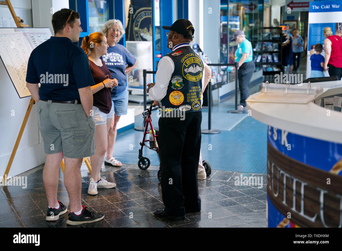 Submarine Force Museum, Groton CT USA, Jun 2019. Focused decorated vest on this proud African American veteran welcoming visitors young and old. Stock Photo