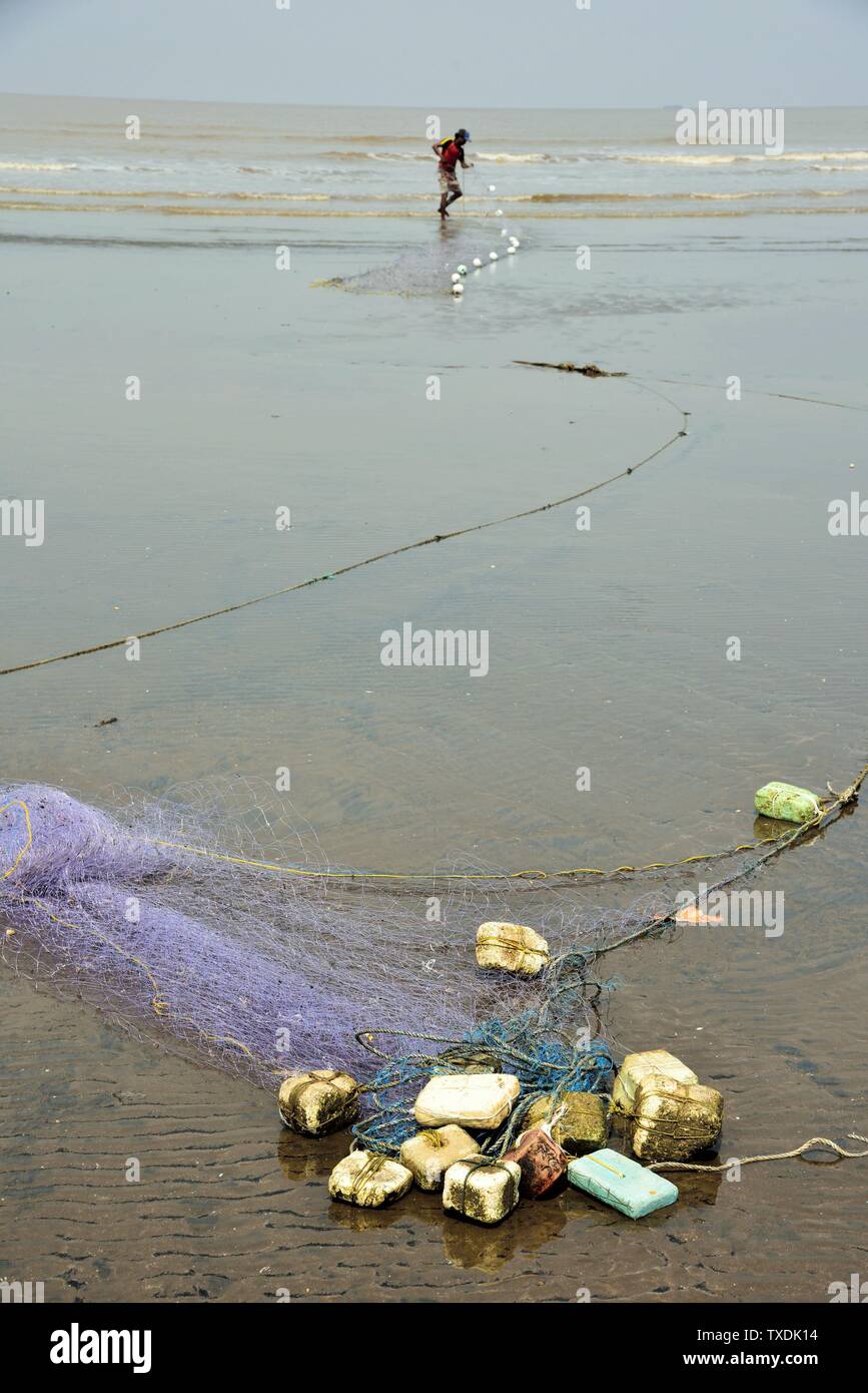 Fishing net, Ubharat beach, Navsari, Gujarat, India, Asia Stock Photo