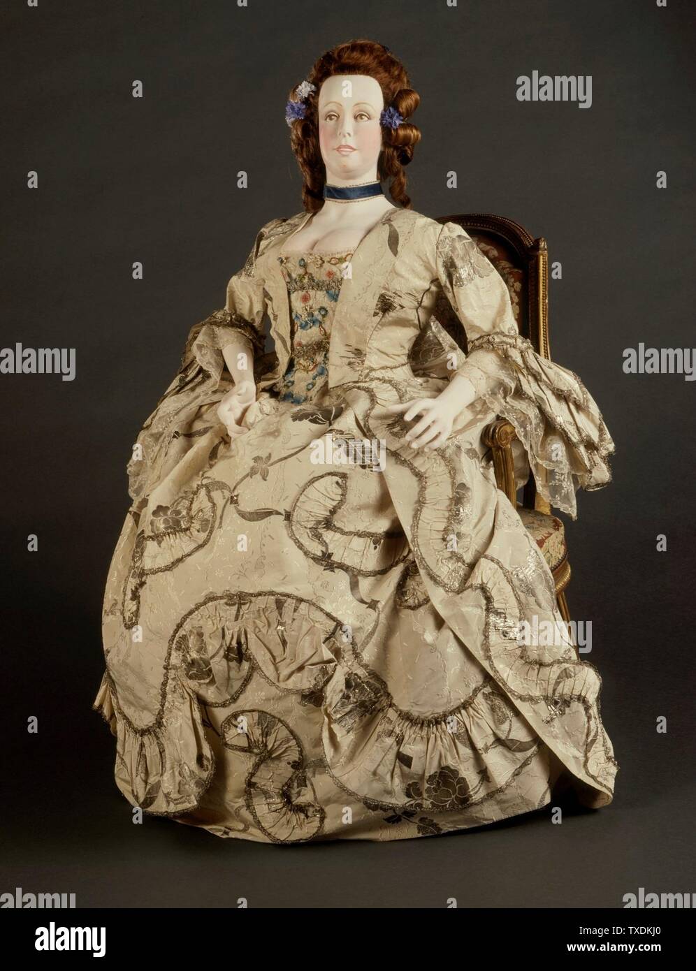 Woman's Robe Ã la Francaise for Court (Sack Gown); England, Textile- late  1740s to early 1750s; Constructed- circa 1760-1770 Costumes; ensembles Silk  taffeta with flush pattern in filÃ©, frisÃ© and plate metallic