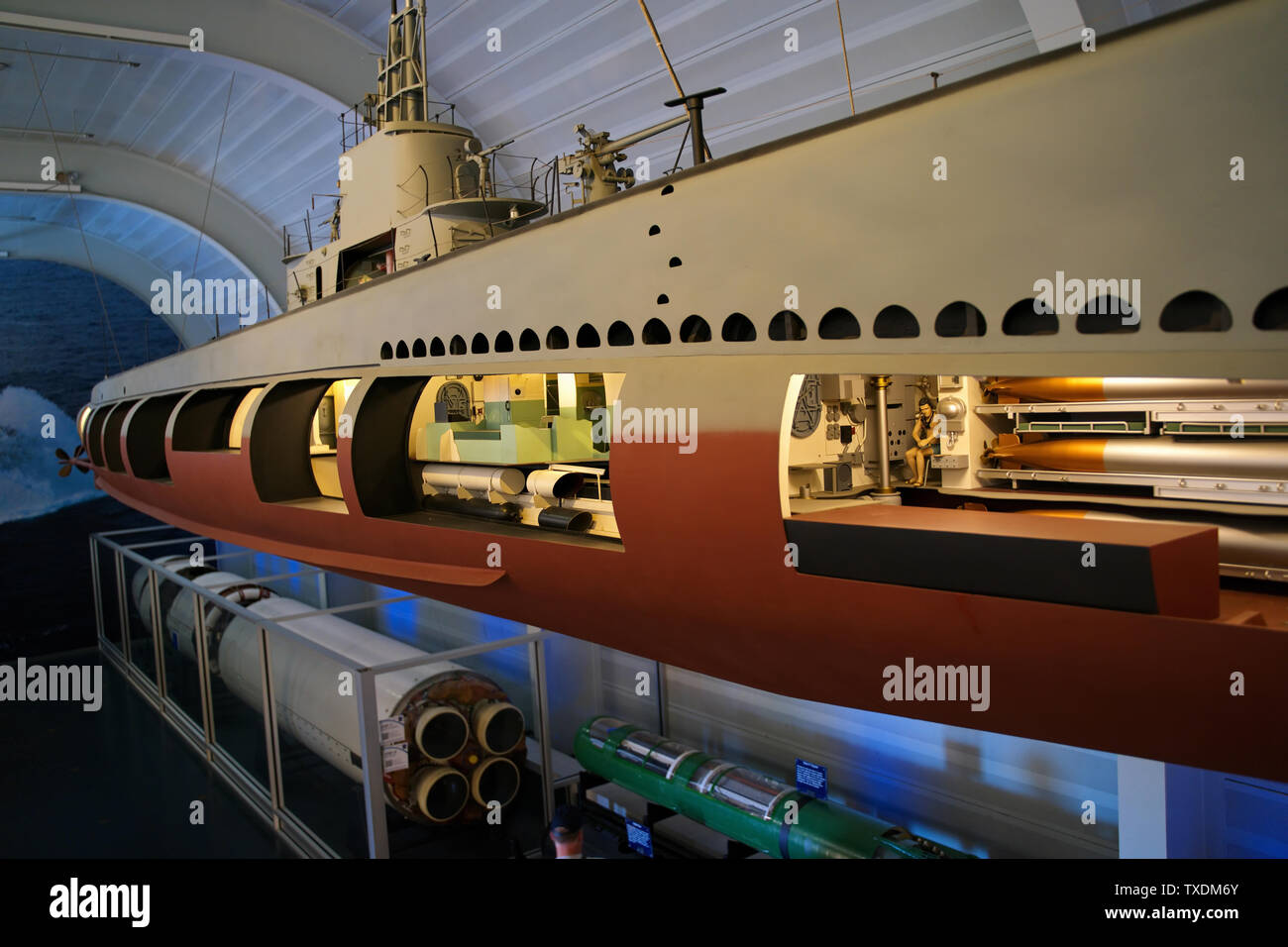 Submarine Force Museum, Groton CT USA, Jun 2019. A cutaway model of a World War II submarine exposing the boats main compartments. Stock Photo