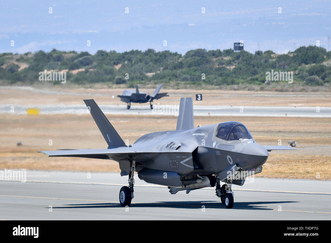 An F-35 arriving back at RAF Akrotiri in Cyprus, where Defence Secretary Penny Mordaunt announced that the aircraft have flown on operational missions for the first time as they joined efforts to eradicate Islamic State. Stock Photo