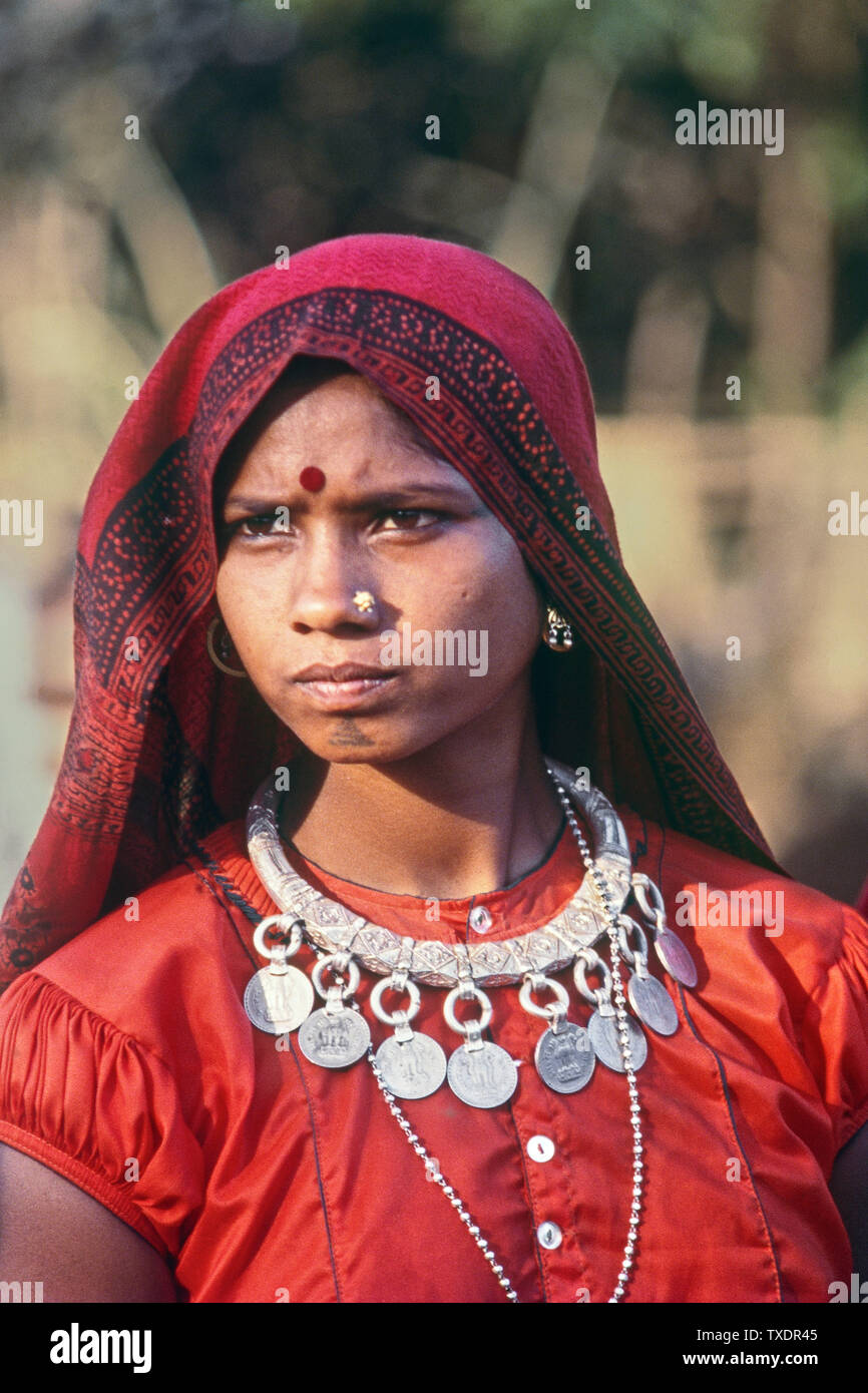 Tribal women in coins necklace, Chhota Udaipur, Gujarat, India, Asia Stock Photo