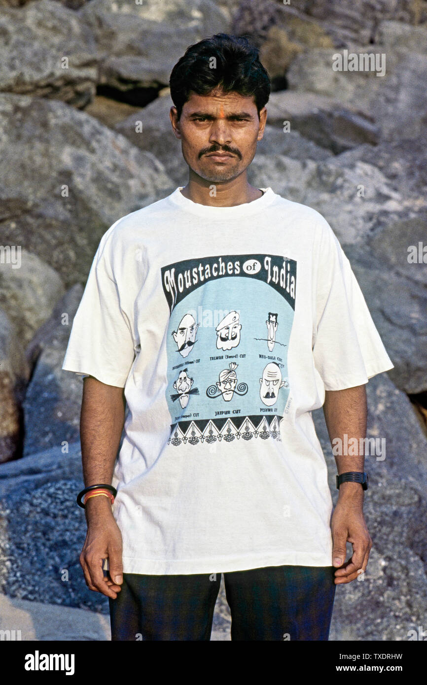 Man wearing moustache T Shirt, Mumbai, Maharashtra, India, Asia Stock Photo