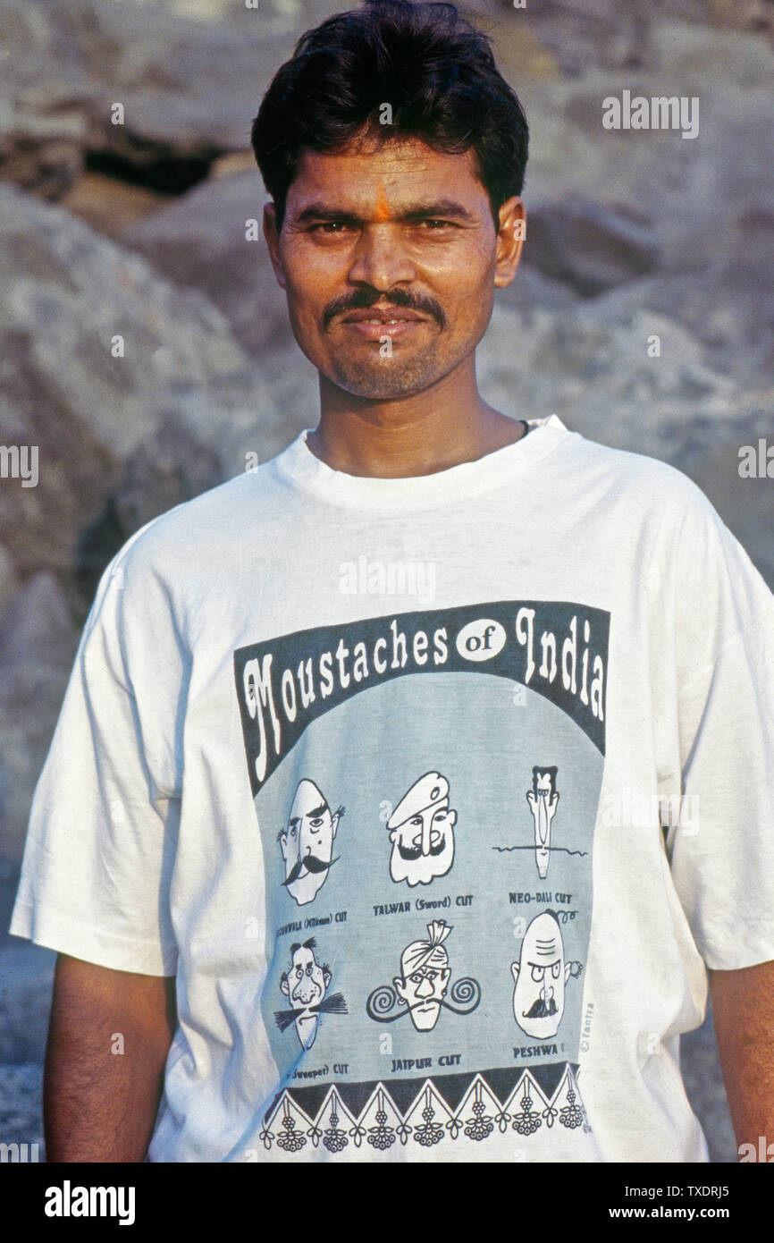 Man wearing moustache T Shirt, Mumbai, Maharashtra, India, Asia Stock Photo