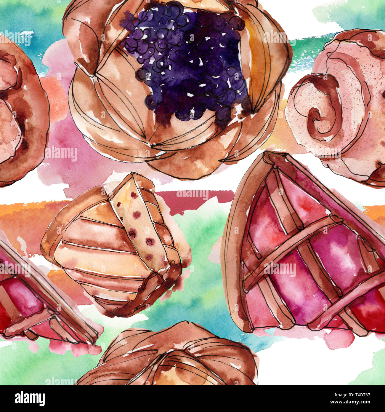 Tasty cake and bun sweet dessert. Watercolor background illustration ...