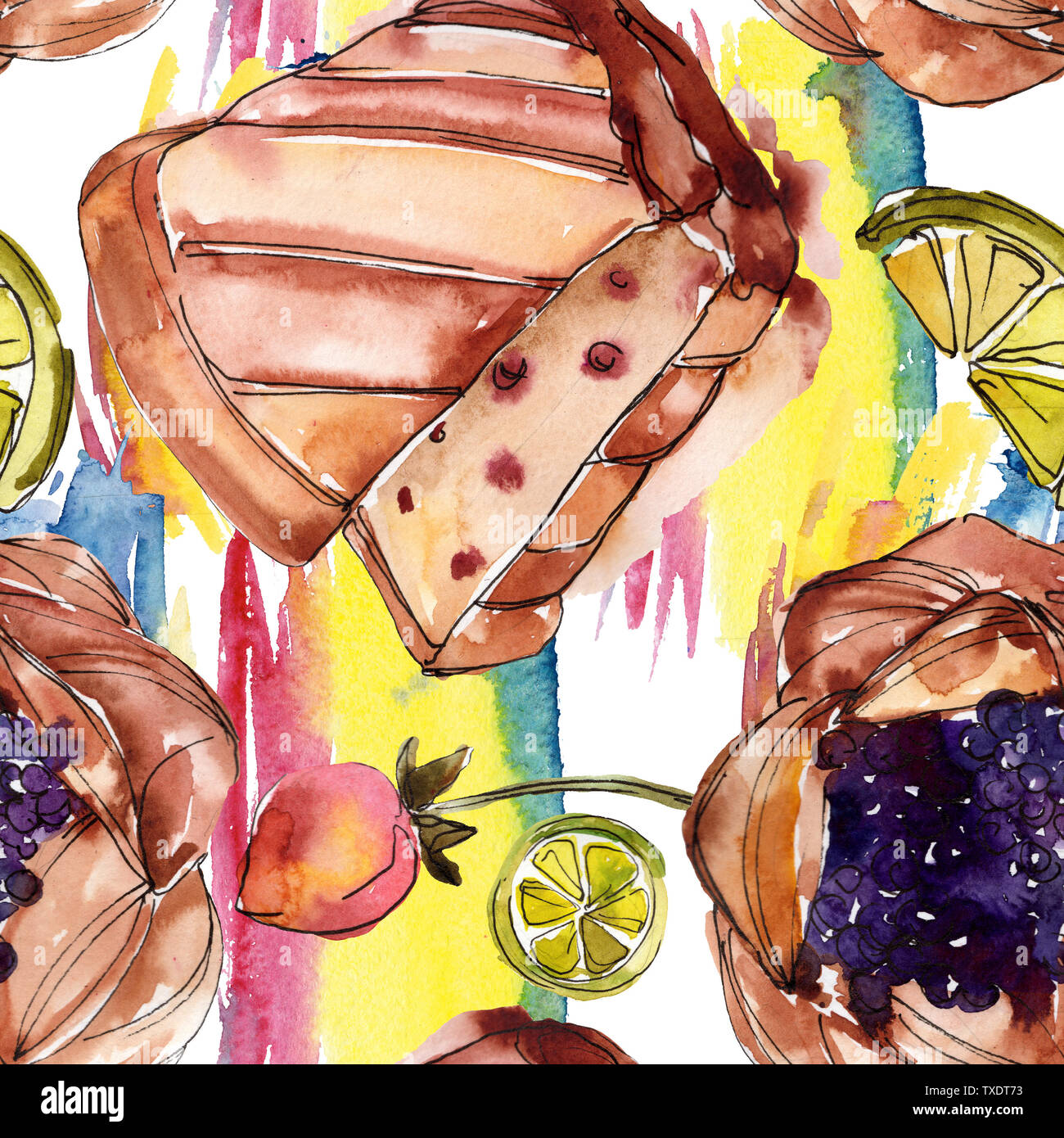 Tasty cake and bun sweet dessert. Watercolor background illustration ...