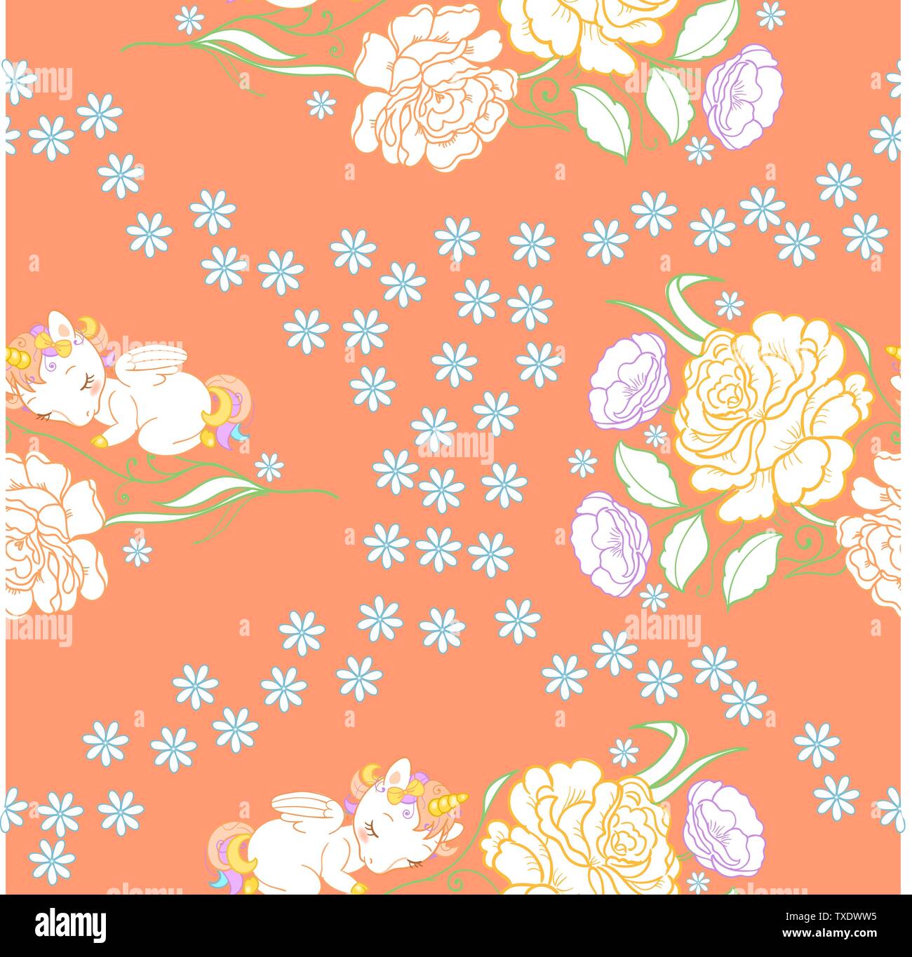 Seamless pattern with cute little sleeping baby unicorns, beautiful ...
