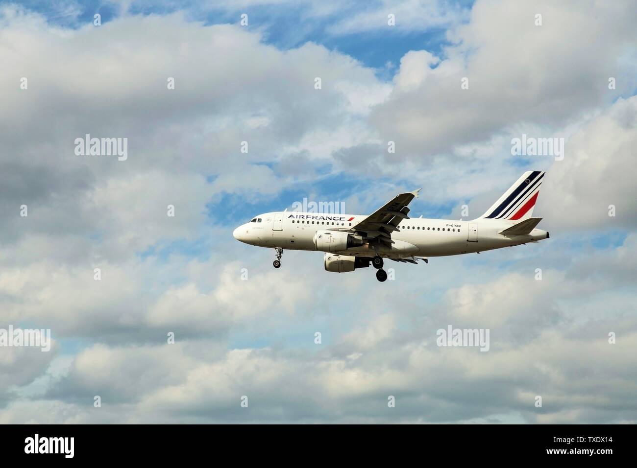 Air France French aeroplane landing at Heathrow Airport, London, UK