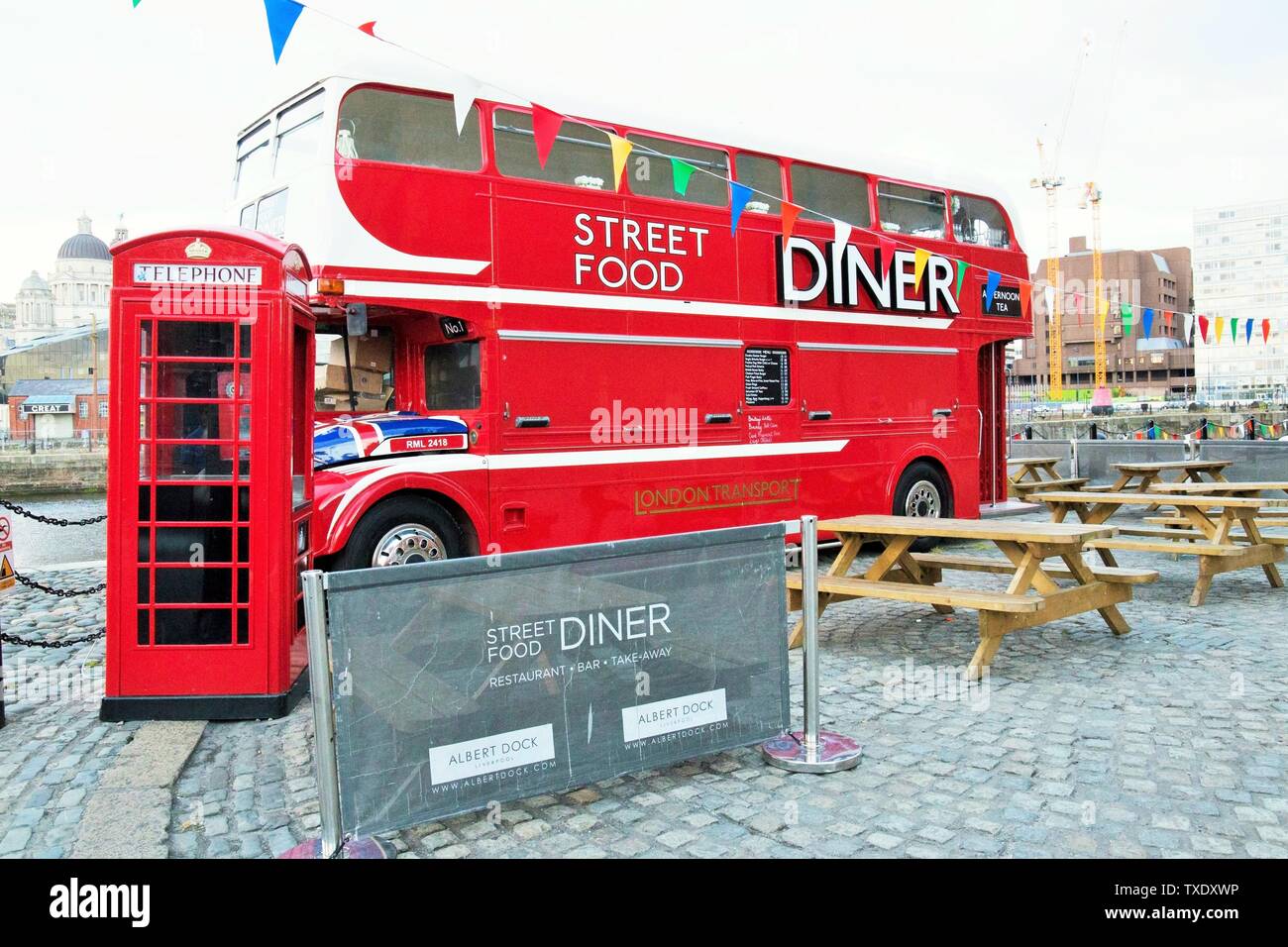 Street food diner bus, Liverpool, England, UK, United Kingdom Stock