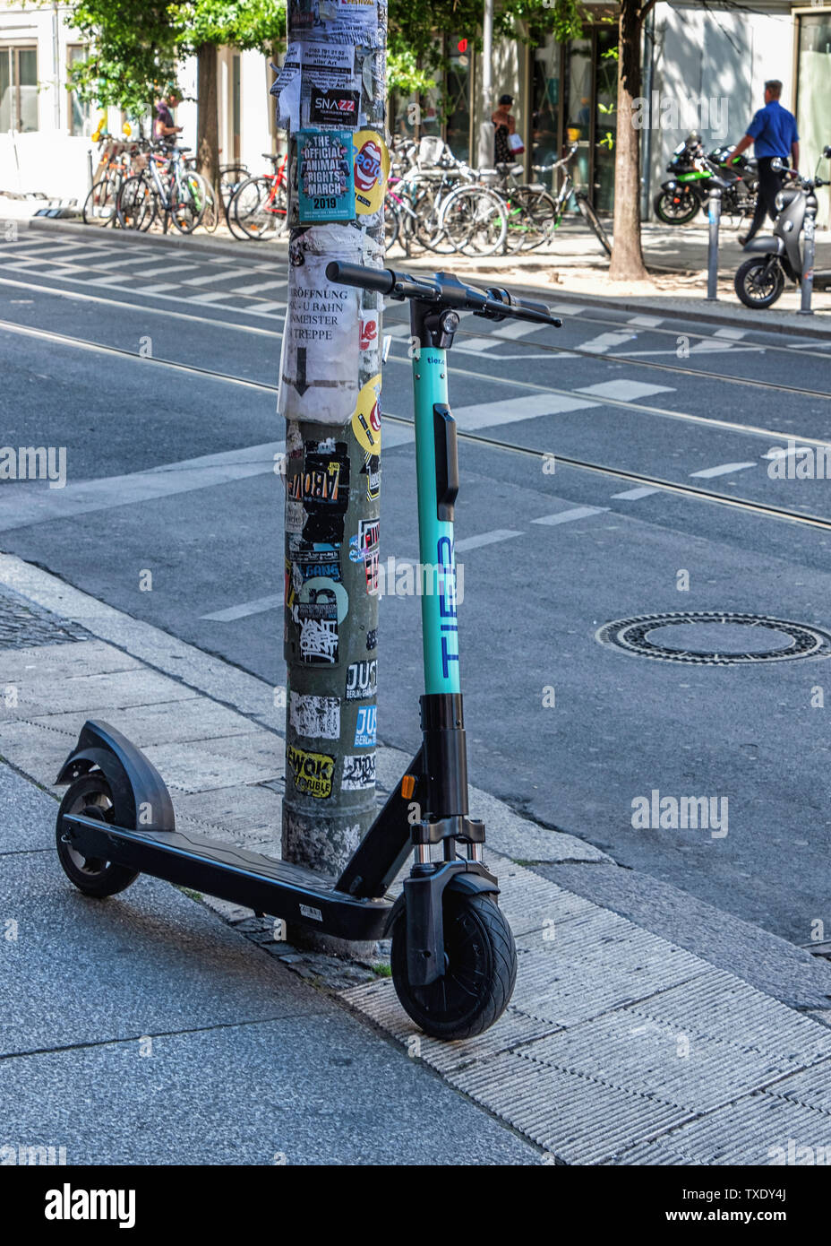 Germany, Berlin, Mitte. 24th June 2019. German parliament legalises  electric scooters. E-scooters have recently been made legal for street use  in Germany and are making an appearance on city streets. Use is
