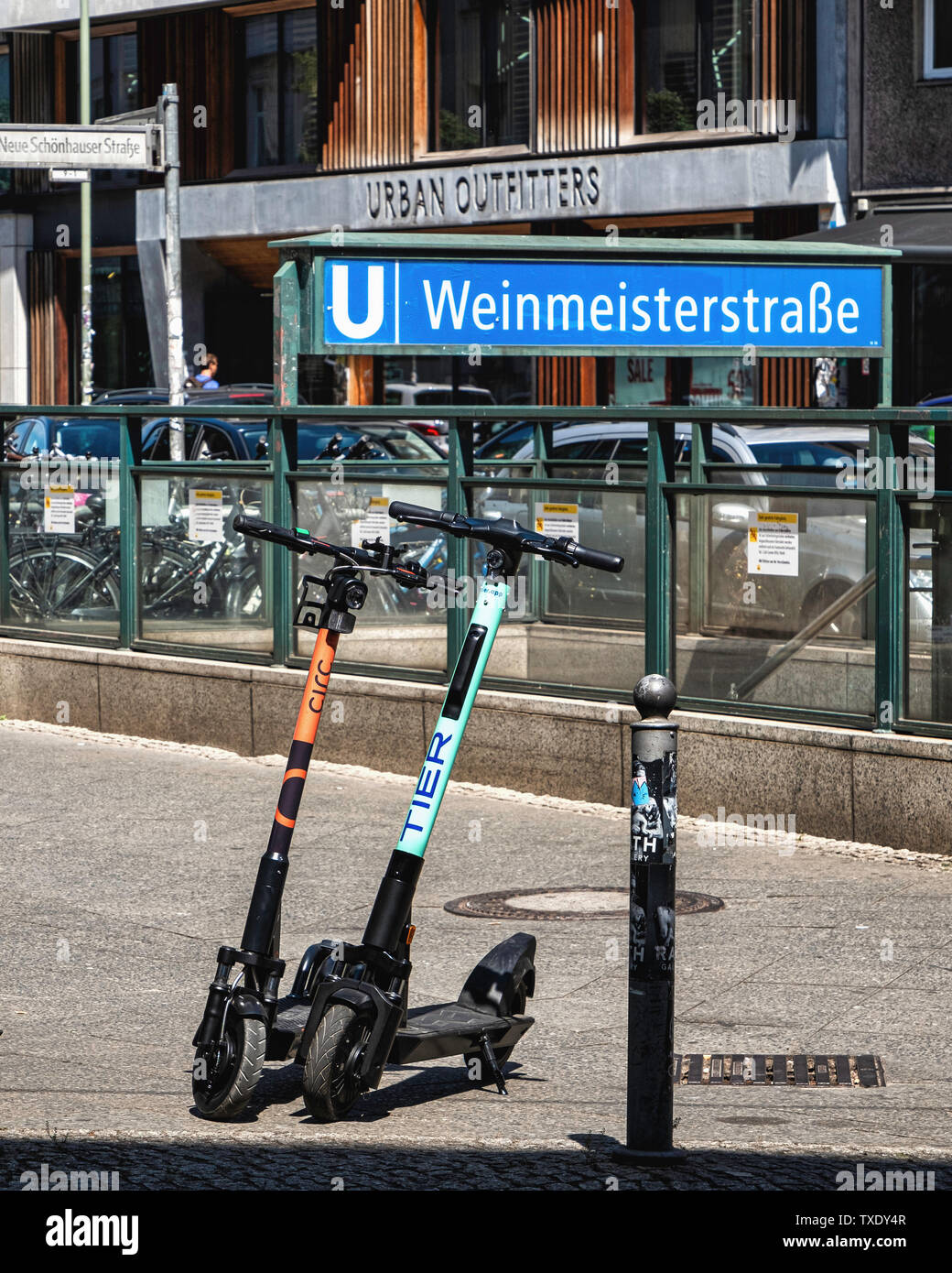 Germany, Berlin, Mitte. 24th June 2019. German parliament legalises electric scooters. E-scooters have recently been made legal for street use in Germany and are making an appearance in Berlin. Use is restricted to bike lanes & streets. The maximun speed allowed is 20kpm and under- fourteens are not permitted to use the scooters. Stock Photo