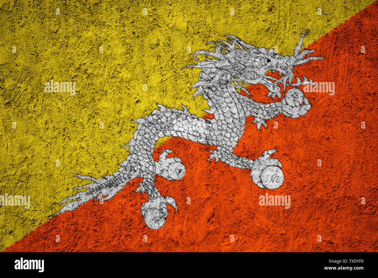 Bhutan flag painted on the cracked grunge concrete wall Stock Photo - Alamy